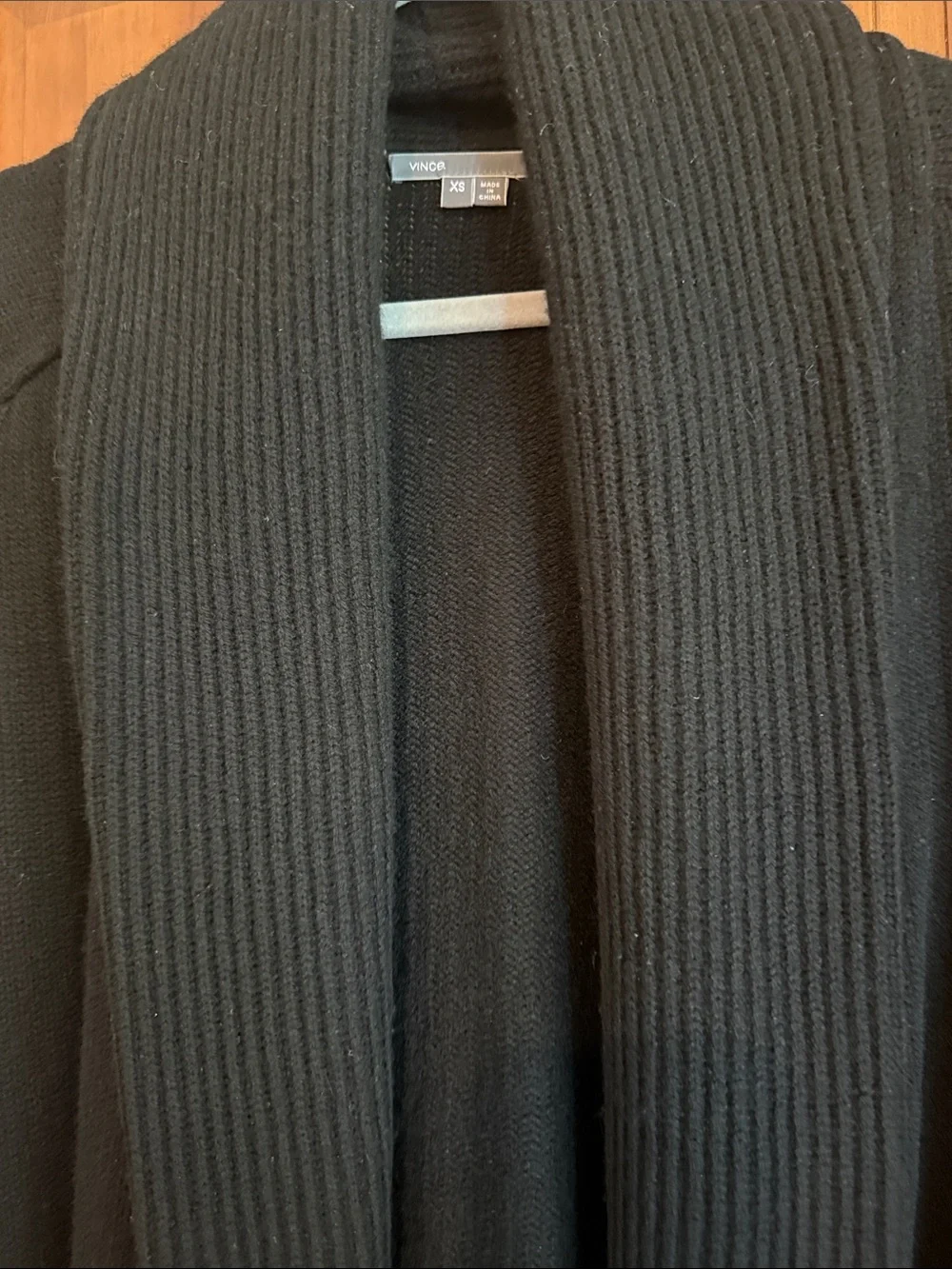 Vince Black Ribbed Shawl-Collar Open Cardigan